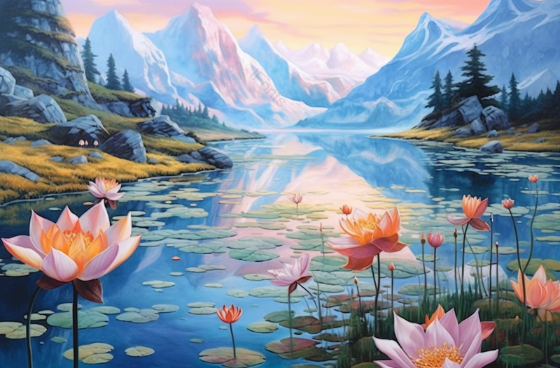 中国复古彩色荷花池盛开的荷花,插画/手绘图,插画/手绘图库,插画/手绘图下载,插画/手绘